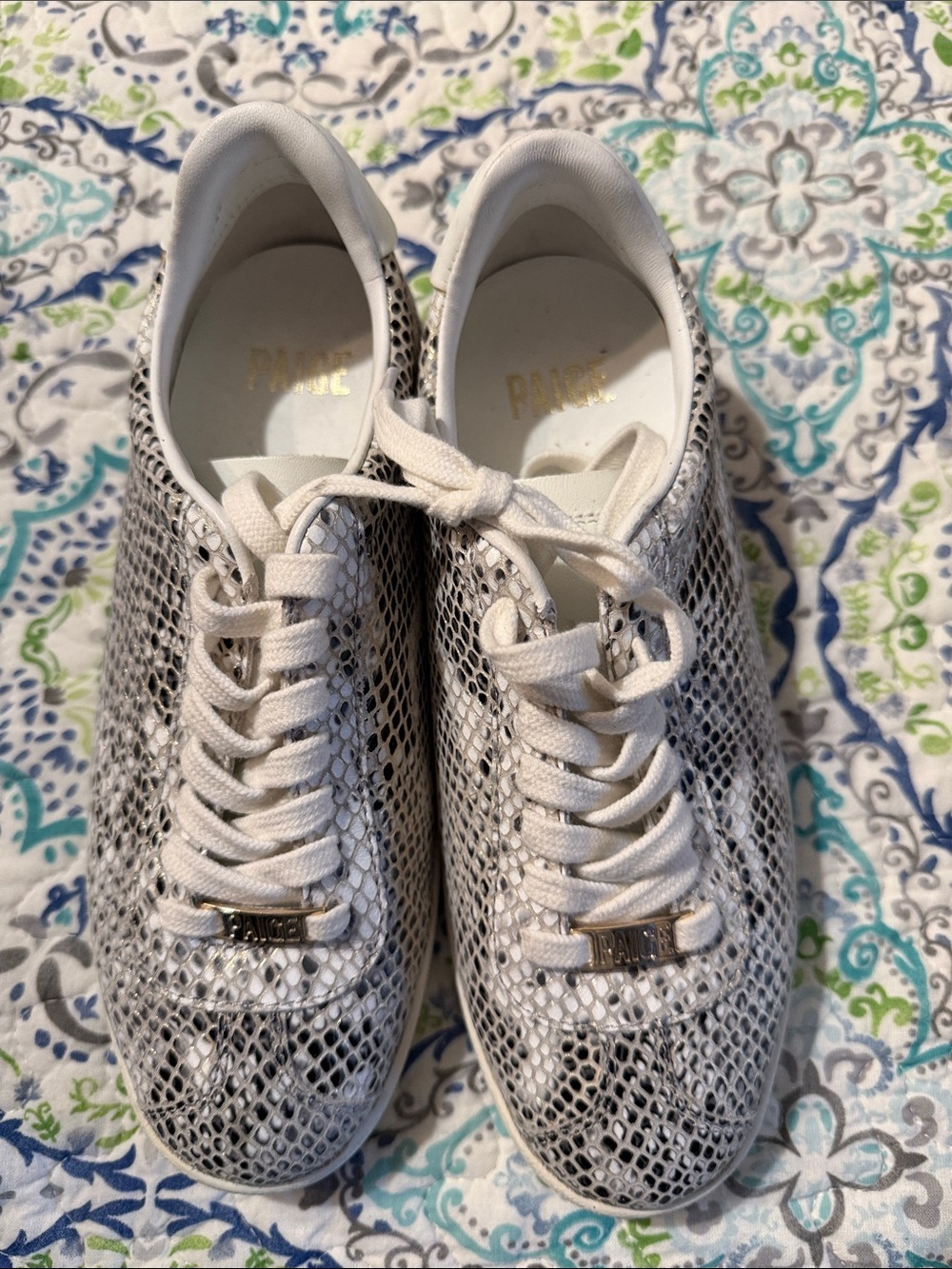 Women’s White Snake-Print Lace-Up Sneakers